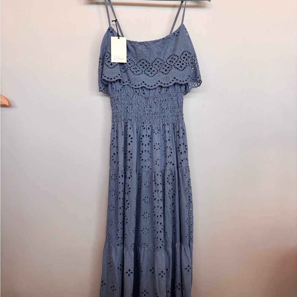 Elegant Blue Eyelet Maxi Dress